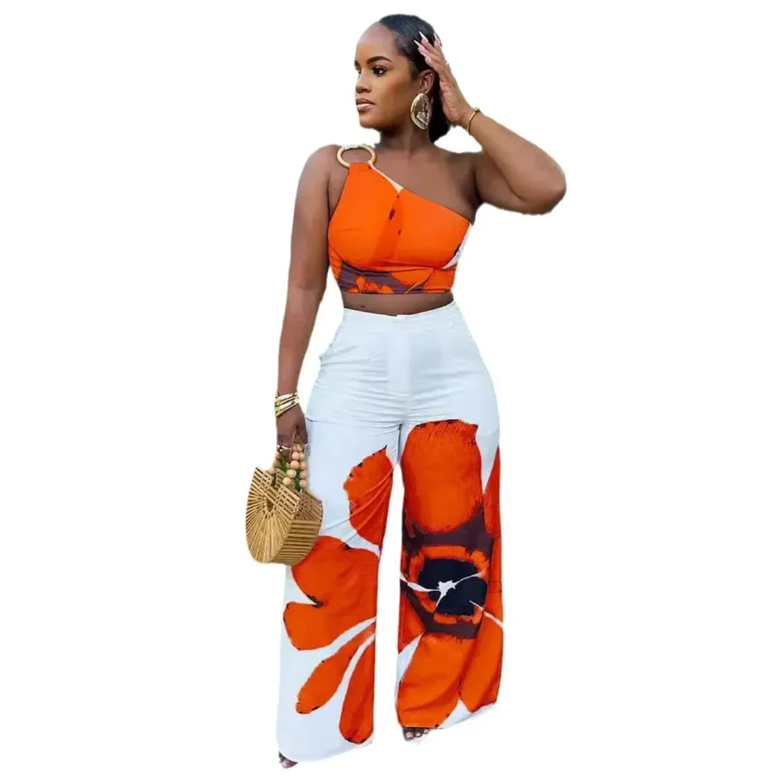 Women Set Floral Print Sleeveless Skew Collar Tops +Wide Leg Pants Two 2 Piece Set Outfit