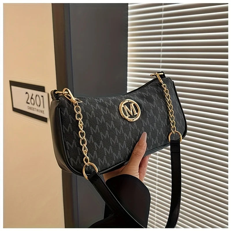 Vintage Underarm Bag for Teenager Letter Print Crossbody Small Square Bag with Chain Shoulder Handbag Adjustable Crossbody Strap