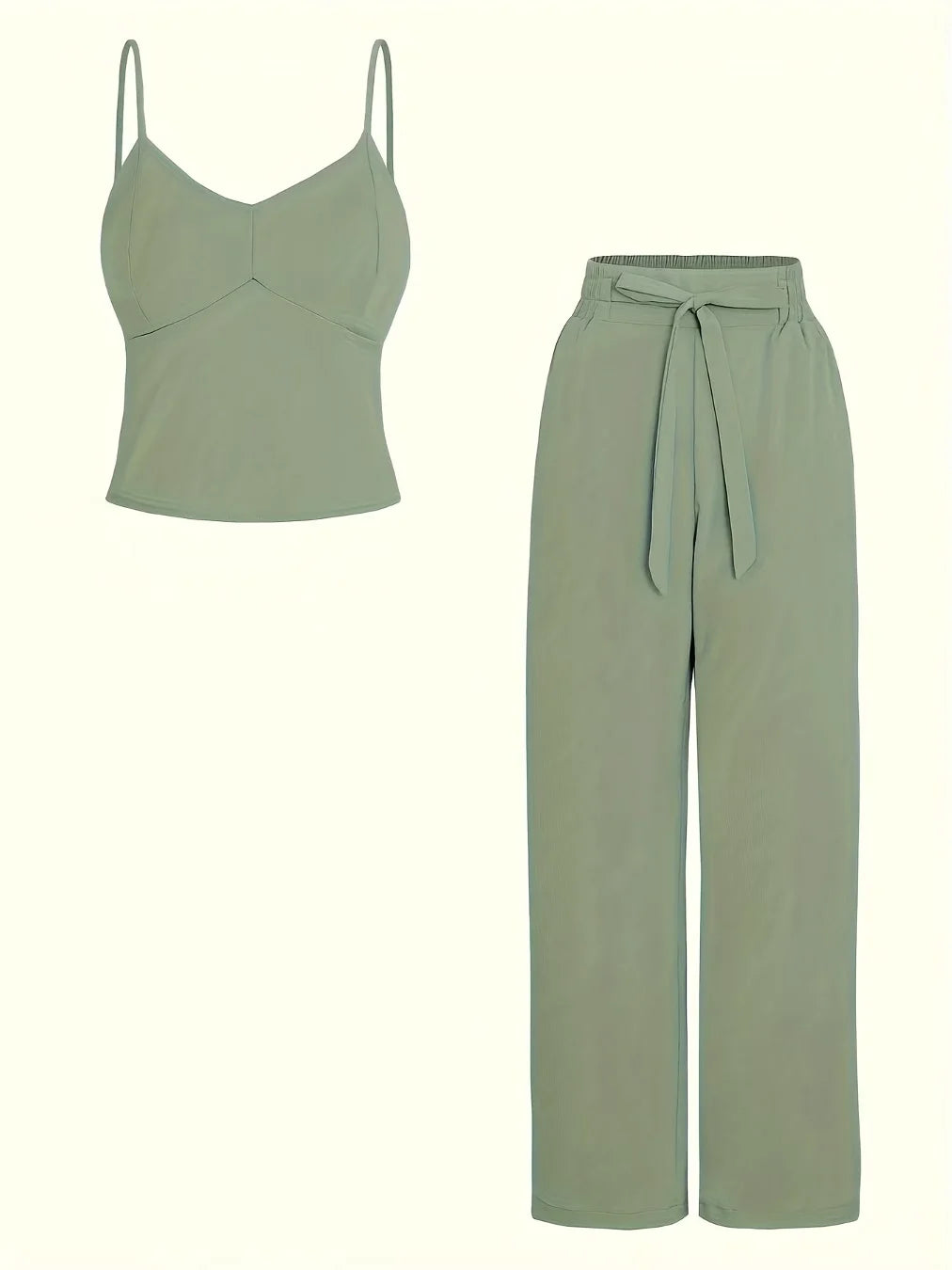 camisole top+elastic waist wide leg pants set, chest cushion design solid color casual and elega