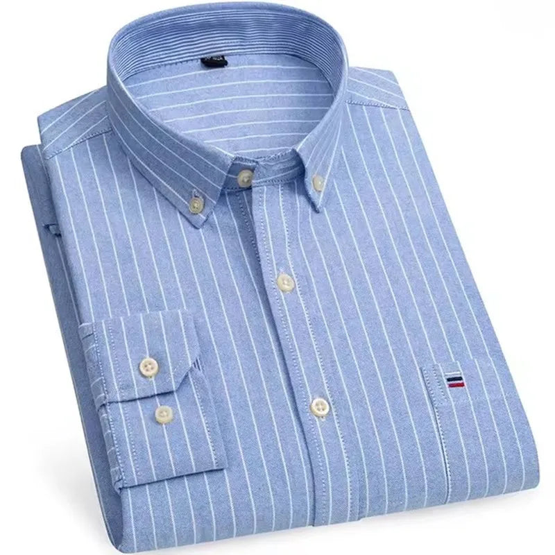Men's Versatile Casual Checkered Oxford Cotton Shirts Single Pocket Long Sleeve Standard-fit Button Down Gingham Striped 7XL 6XL