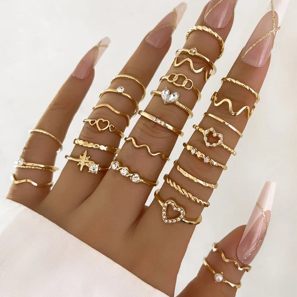 28Pcs Bohemian Geometric Knuckle Rings Set For Women Gold Silver Color Finger Ring Girls Fashion Party Jewelry Accessories