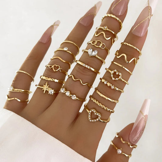 28Pcs Bohemian Geometric Knuckle Rings Set For Women Gold Silver Color Finger Ring Girls Fashion Party Jewelry Accessories