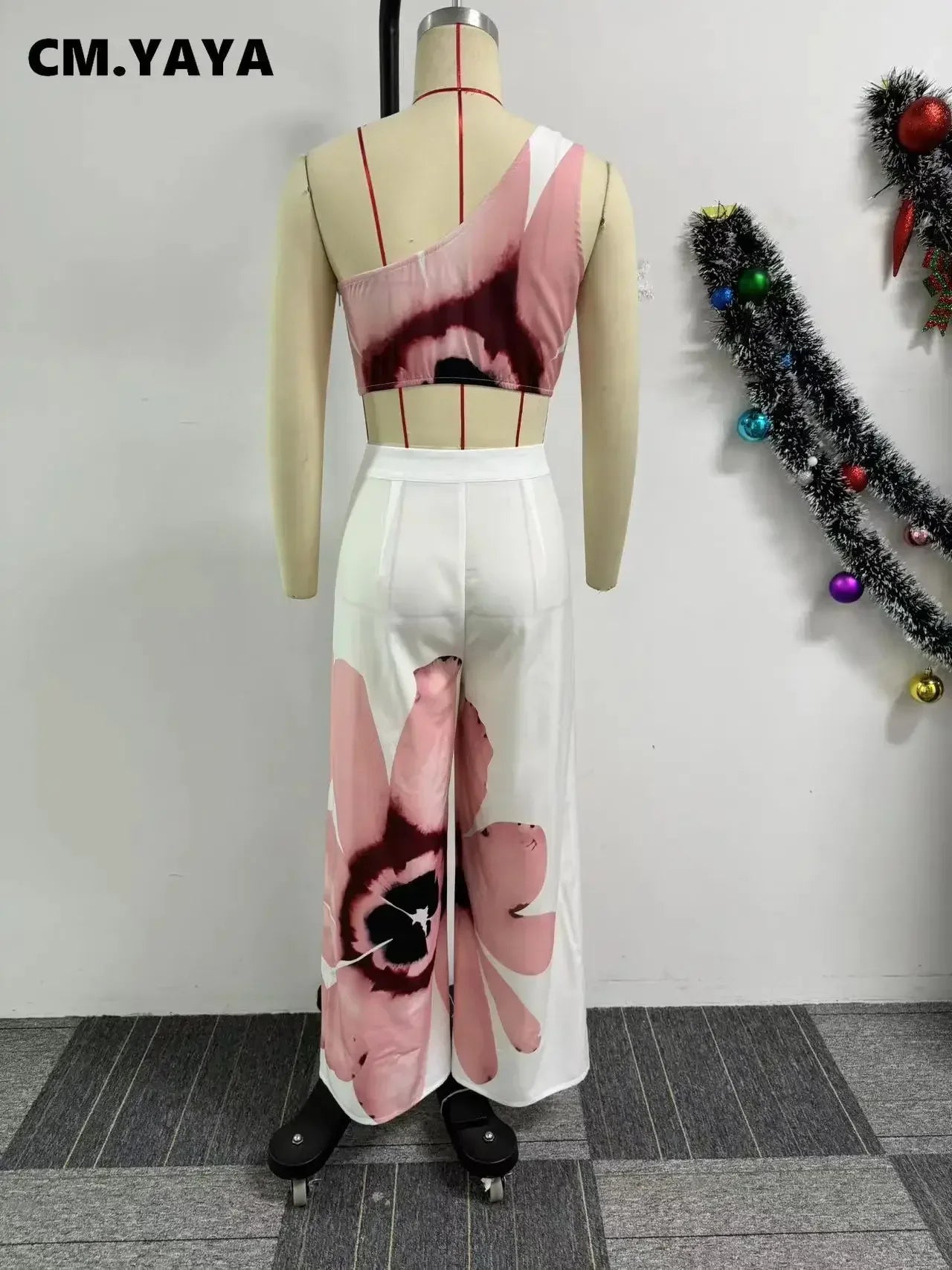 Women Set Floral Print Sleeveless Skew Collar Tops +Wide Leg Pants Two 2 Piece Set Outfit