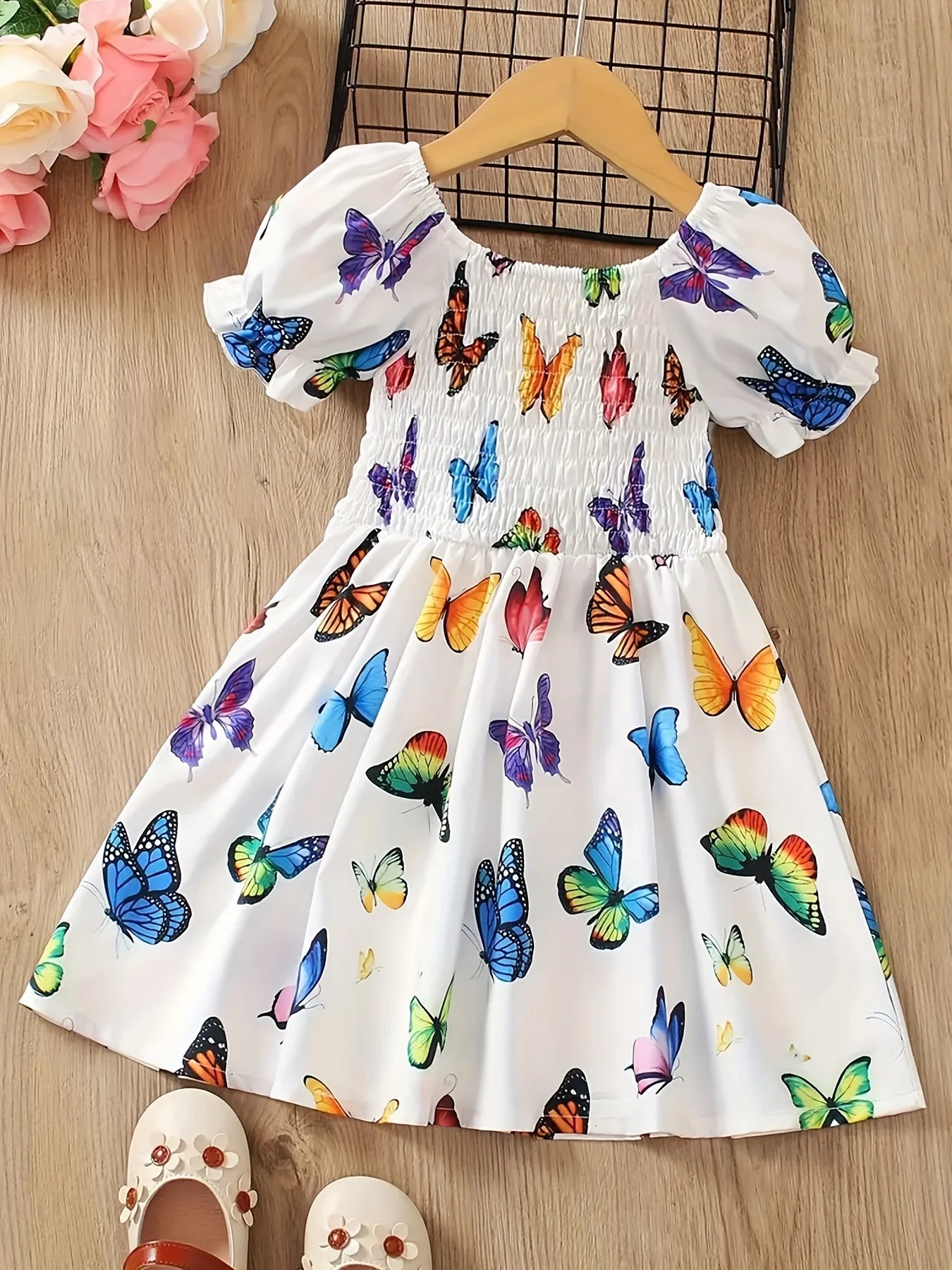Children's Clothing Girls' Vibrant Butterfly Full Print Dress Suitable for 1-8 Years Old Children's Summer Wear White Colorful Butterfly Skirt