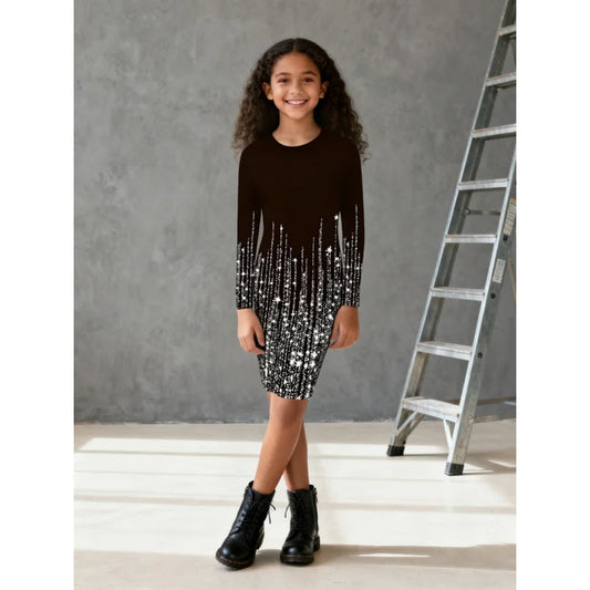 2025Girls Long Sleeve Dress - Glitter Starry Gradient Print Bodycon Dress for Kids, Trendy Party Cocktail Fashion Dress