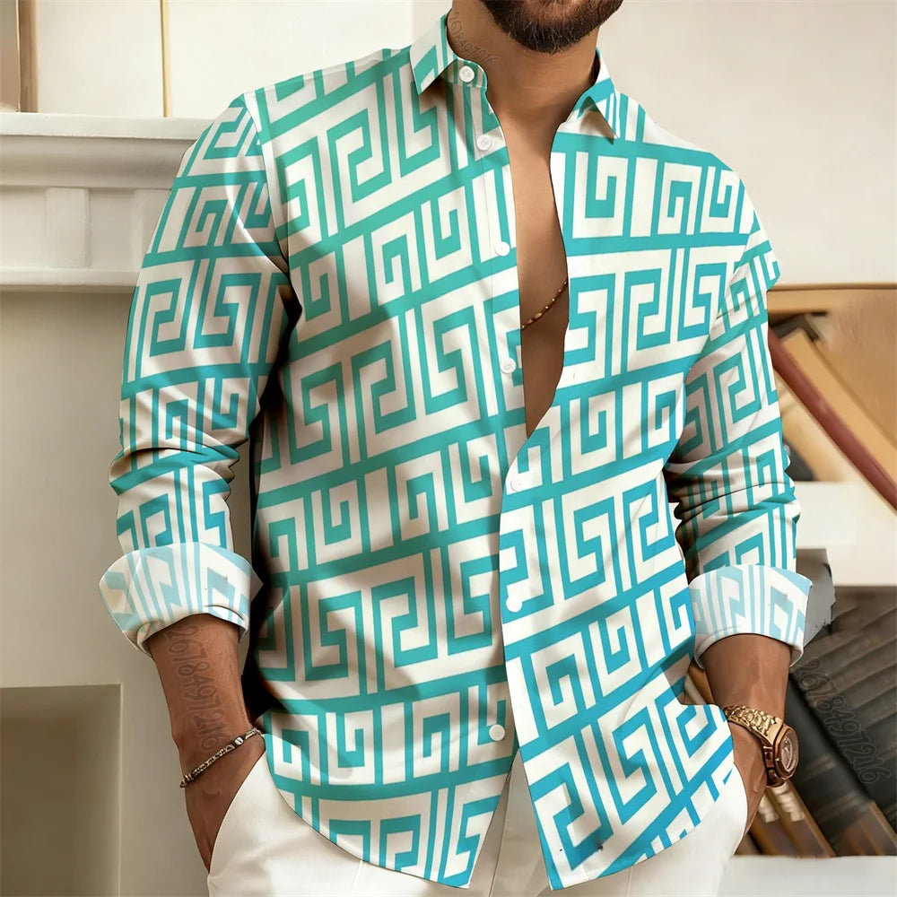 2026 New Men's Long-Sleeved Polo Shirt, Vintage Print Style with Greek Key Pattern, Elegant, Comfortable, and Stylish Men's Top