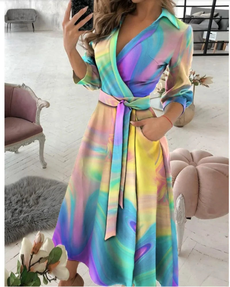 Rainbow Striped Print Summer Dress 2023 Women Button Up Short Sleeve Casual Vintage Shirt Long Dress Ladies Elegant Maxi Dresses