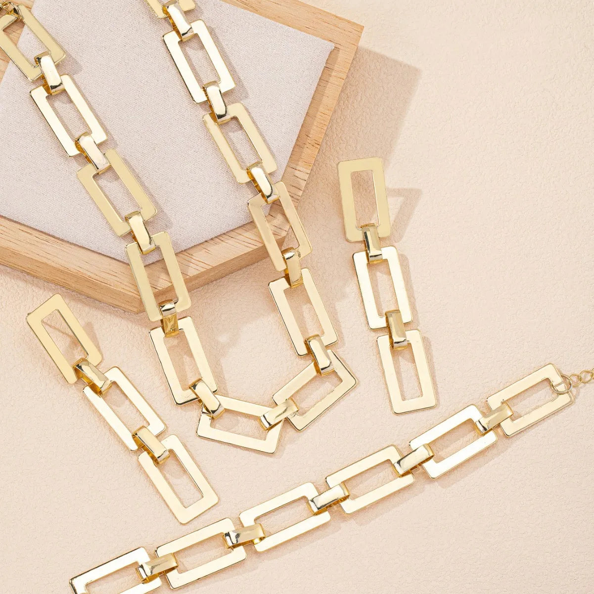 4PCS Stainless Steel Fashion Gold Color Geometric Chain Necklace Bracelets For Women Girl New Fashion Non-fading Set