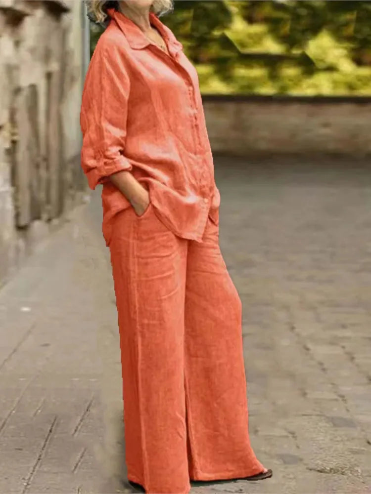 Fashion Cotton Linen Shirt Long Sleeved Women's Set Spring Autumn Loose Cotton  Linen Wide Leg Trousers Female Office 2piece Set