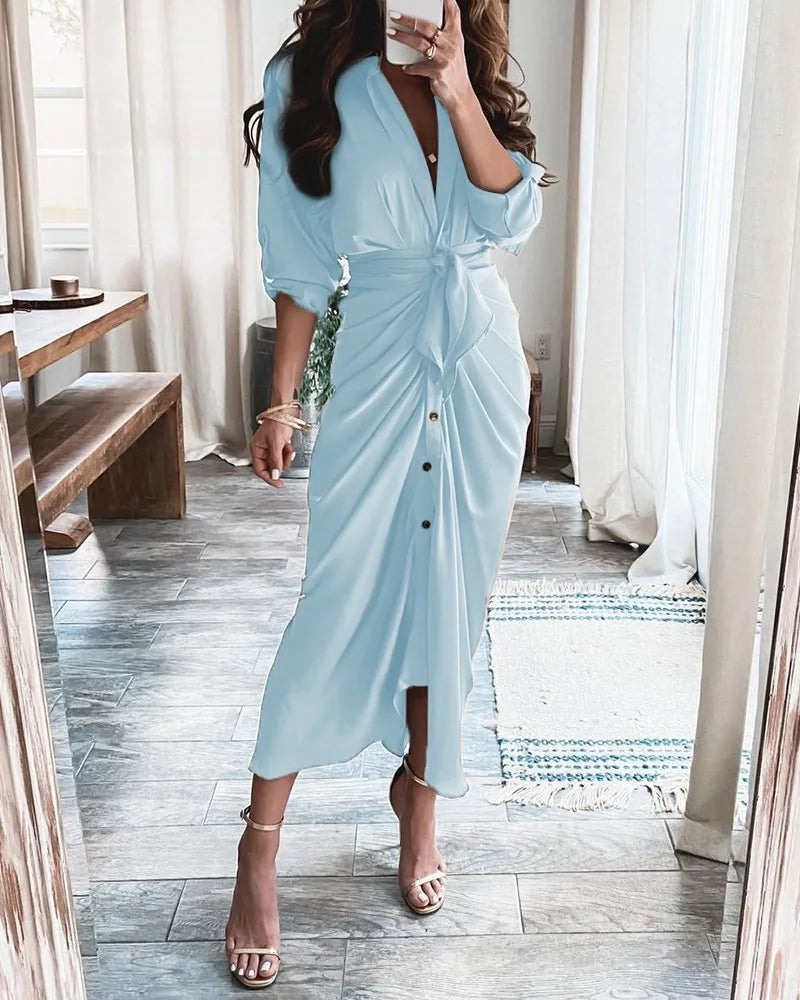 Elegant slim temperament V-neck tie stitching long-sleeved shirt dress long skirt women