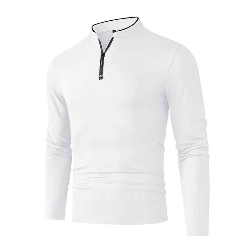 2025 New Men's Casual Fashion Zipper Solid Color Long Sleeved Polo Shirt Stand Up Collar Versatile Comfortable Top