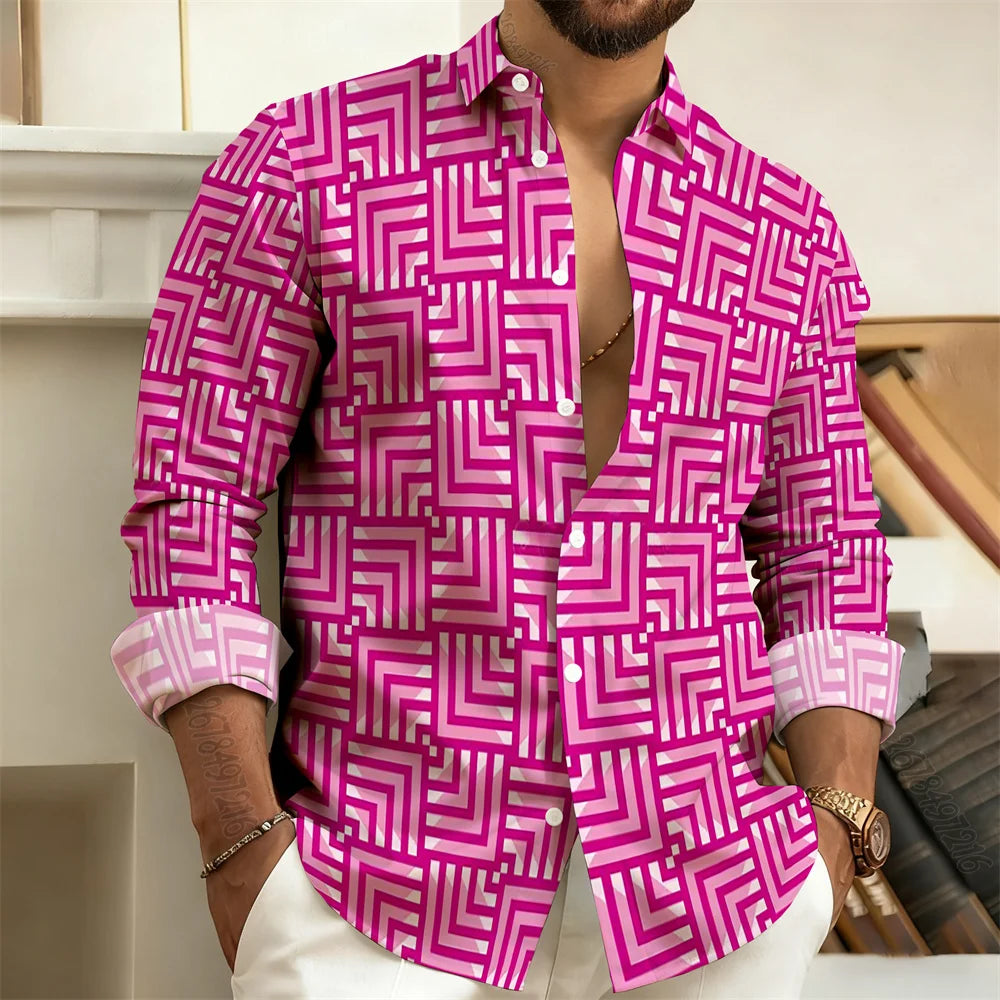 2026 New Men's Long-Sleeved Polo Shirt, Vintage Print Style with Greek Key Pattern, Elegant, Comfortable, and Stylish Men's Top