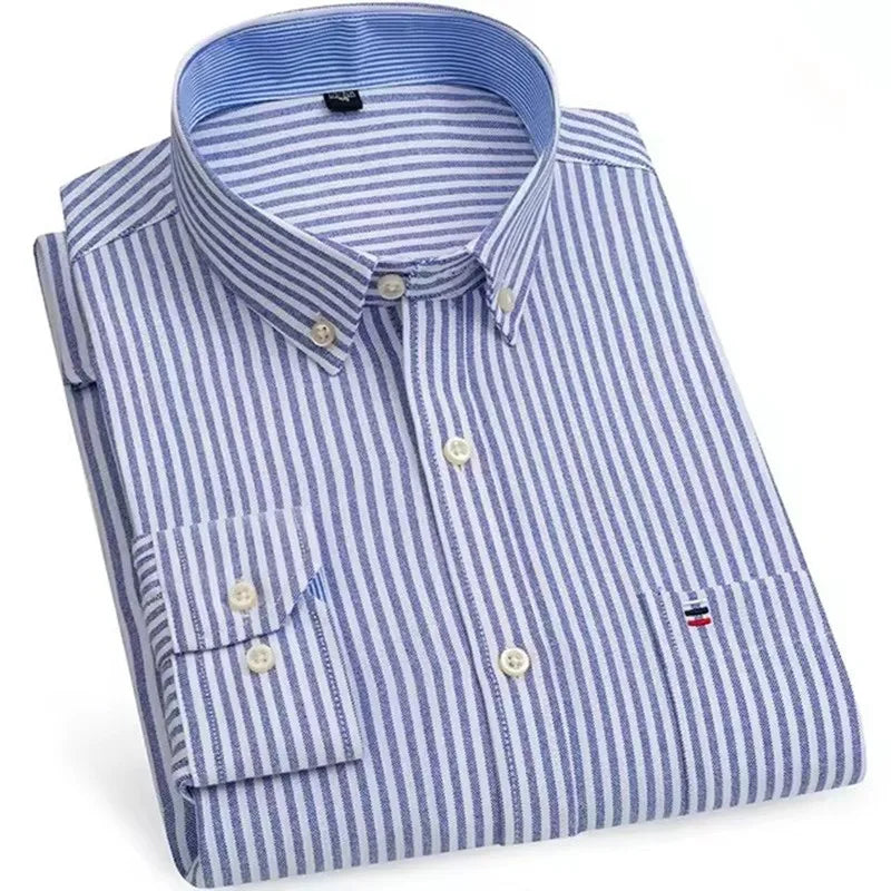 Men's Versatile Casual Checkered Oxford Cotton Shirts Single Pocket Long Sleeve Standard-fit Button Down Gingham Striped 7XL 6XL