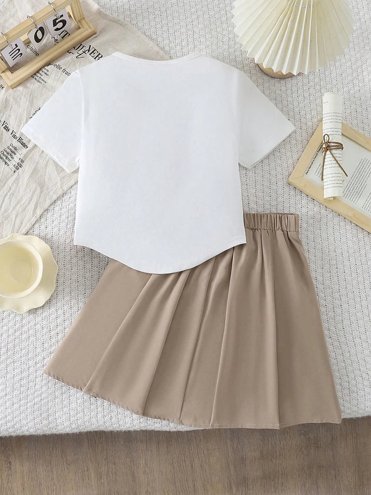 Two Piece Set Of Spring And Summer Women's And Children's Three-Dimensional Bow Short Sleeved Top&Solid Color Pleated Skirt