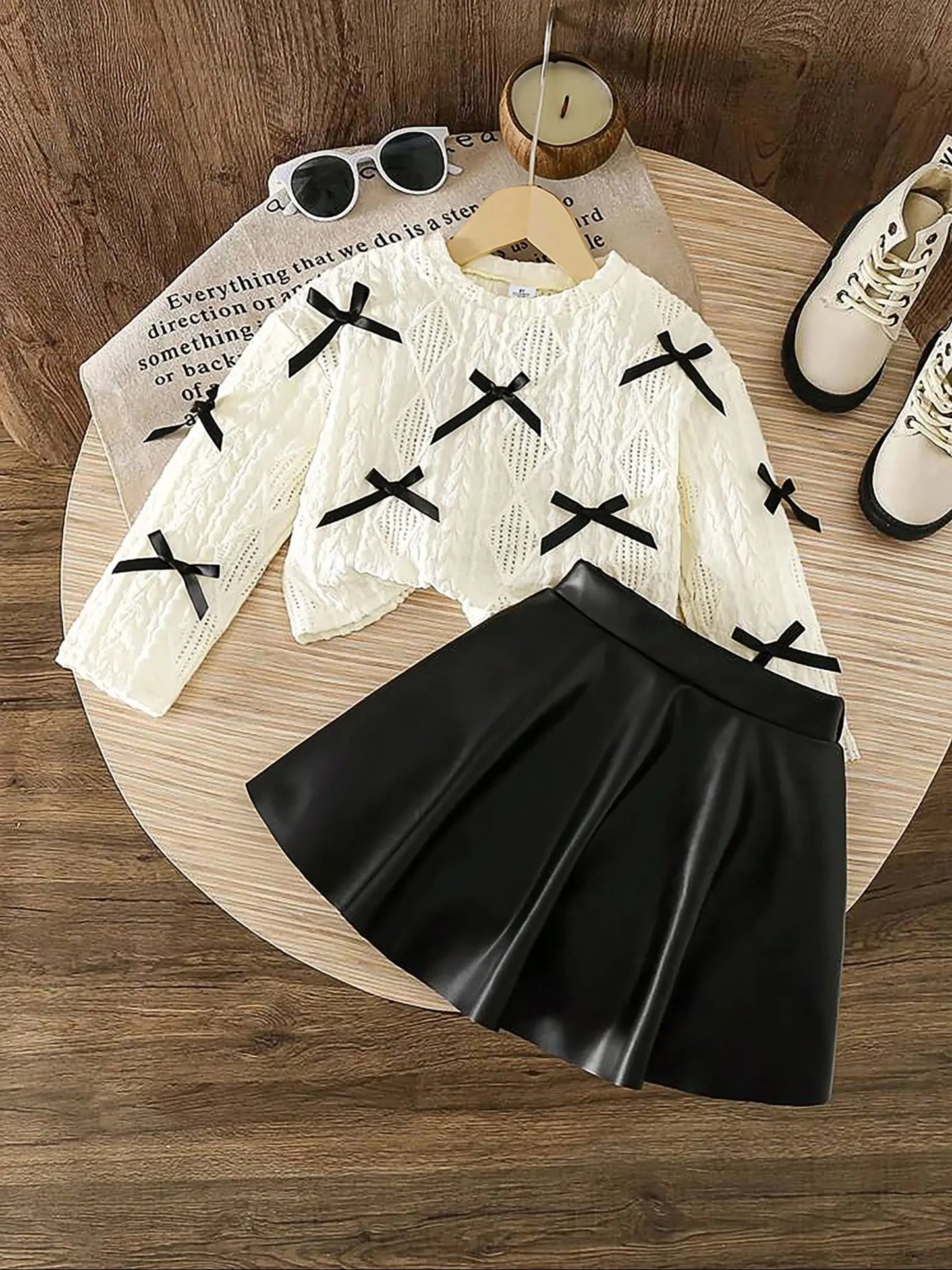 2-Piece Set: Girls' White Bow-Knot Hollow-Out Long-Sleeve Top + Black Pu Leather Skirt Set, Sweet and Cute Fashionable Skirt Set for Girls, Young Lady Style Knitted Top and Short Skirt Two-Piece Set, Casual Spring and Autumn