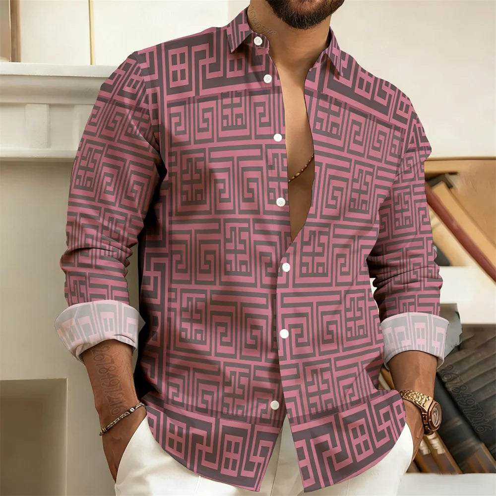 2026 New Men's Long-Sleeved Polo Shirt, Vintage Print Style with Greek Key Pattern, Elegant, Comfortable, and Stylish Men's Top