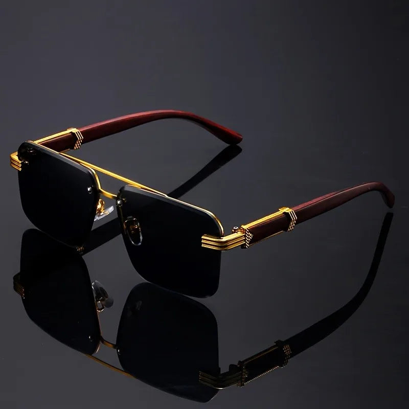 Trend Double Beam Rectangle Sunglasses Men Women Rimless Cut Edge Square Sun Glasses Fashion Frameless Wood Grain Shades UV400