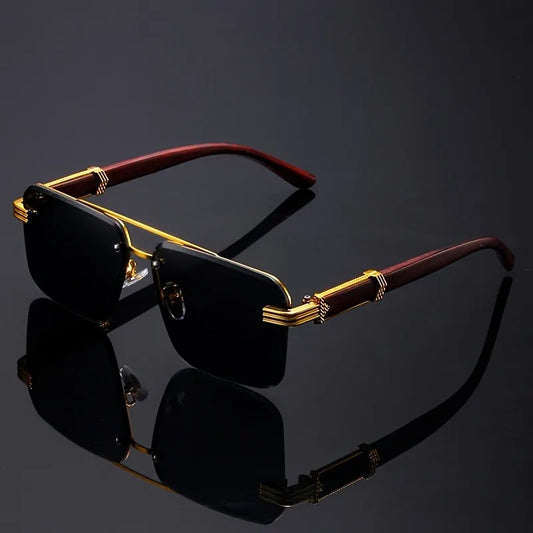 Trend Double Beam Rectangle Sunglasses Men Women Rimless Cut Edge Square Sun Glasses Fashion Frameless Wood Grain Shades UV400