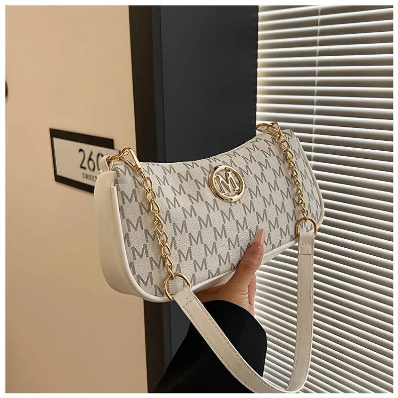 Vintage Underarm Bag for Teenager Letter Print Crossbody Small Square Bag with Chain Shoulder Handbag Adjustable Crossbody Strap