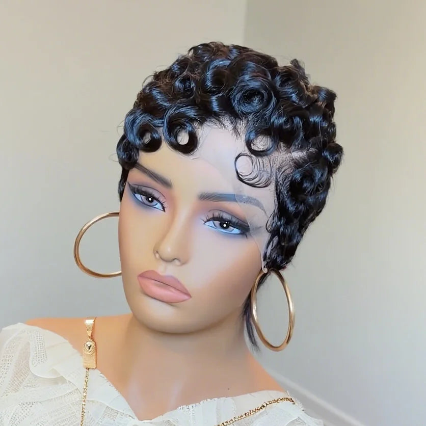 13x4 Lace Front Human Hair Wig for Women Short Layered Pixie Cut with Bangs Natural Black Dark 99J ColorCurly Wavy Hair