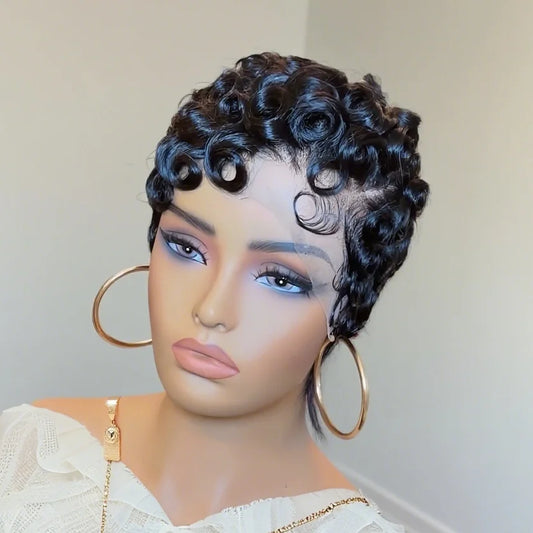 13x4 Lace Front Human Hair Wig for Women Short Layered Pixie Cut with Bangs Natural Black Dark 99J ColorCurly Wavy Hair