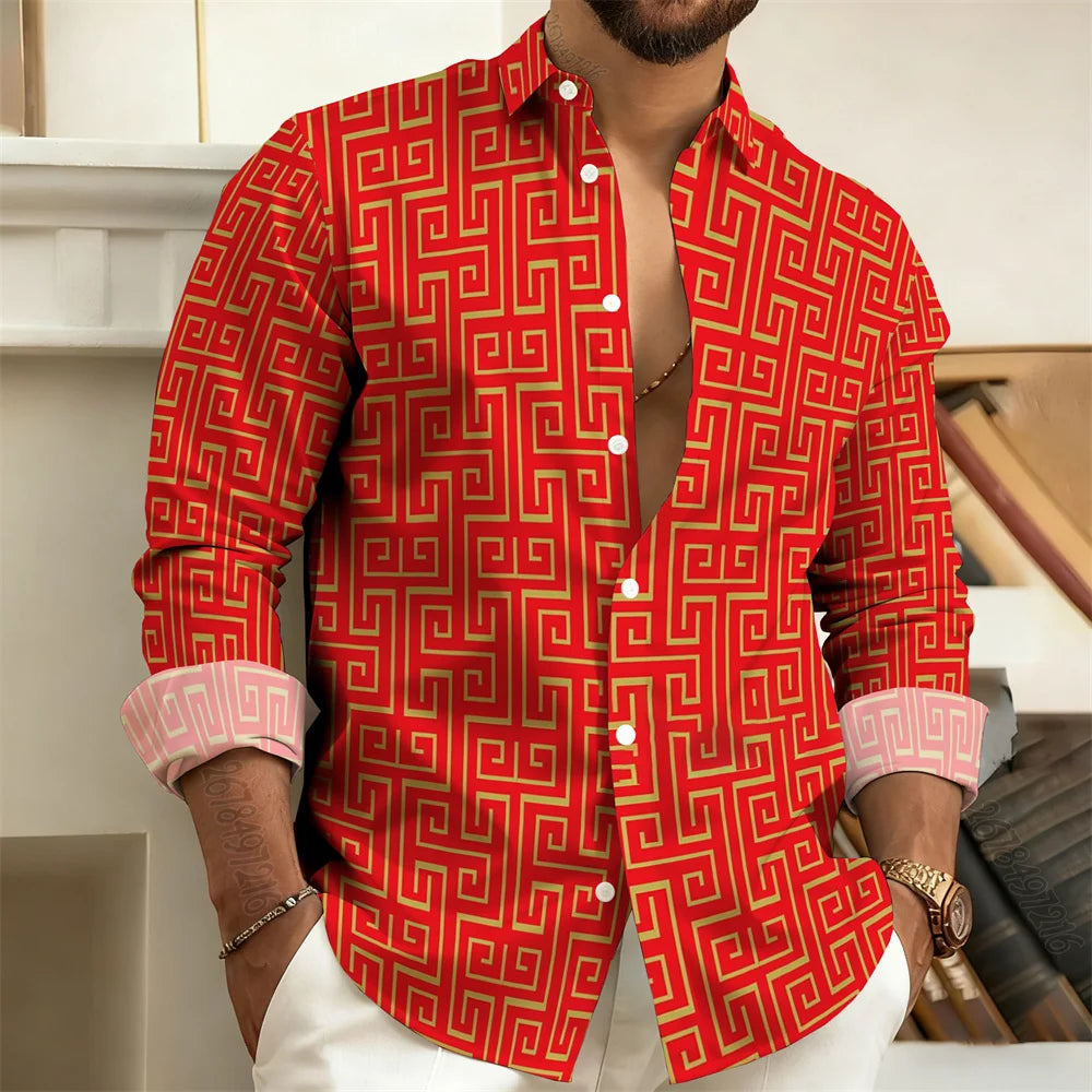 2026 New Men's Long-Sleeved Polo Shirt, Vintage Print Style with Greek Key Pattern, Elegant, Comfortable, and Stylish Men's Top
