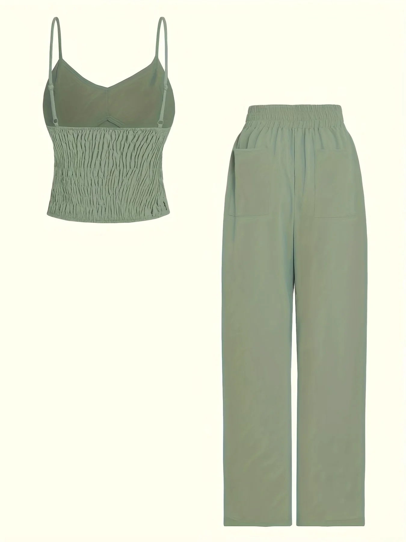 camisole top+elastic waist wide leg pants set, chest cushion design solid color casual and elega