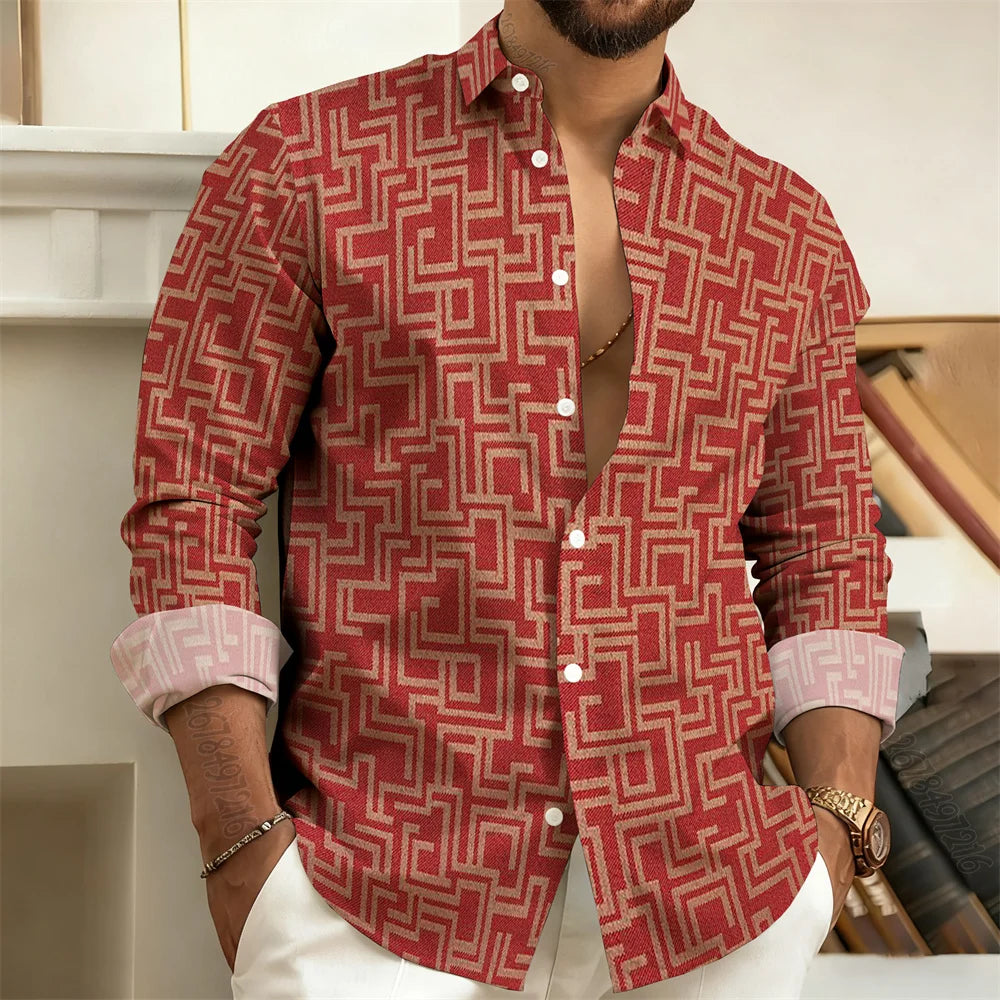 2026 New Men's Long-Sleeved Polo Shirt, Vintage Print Style with Greek Key Pattern, Elegant, Comfortable, and Stylish Men's Top