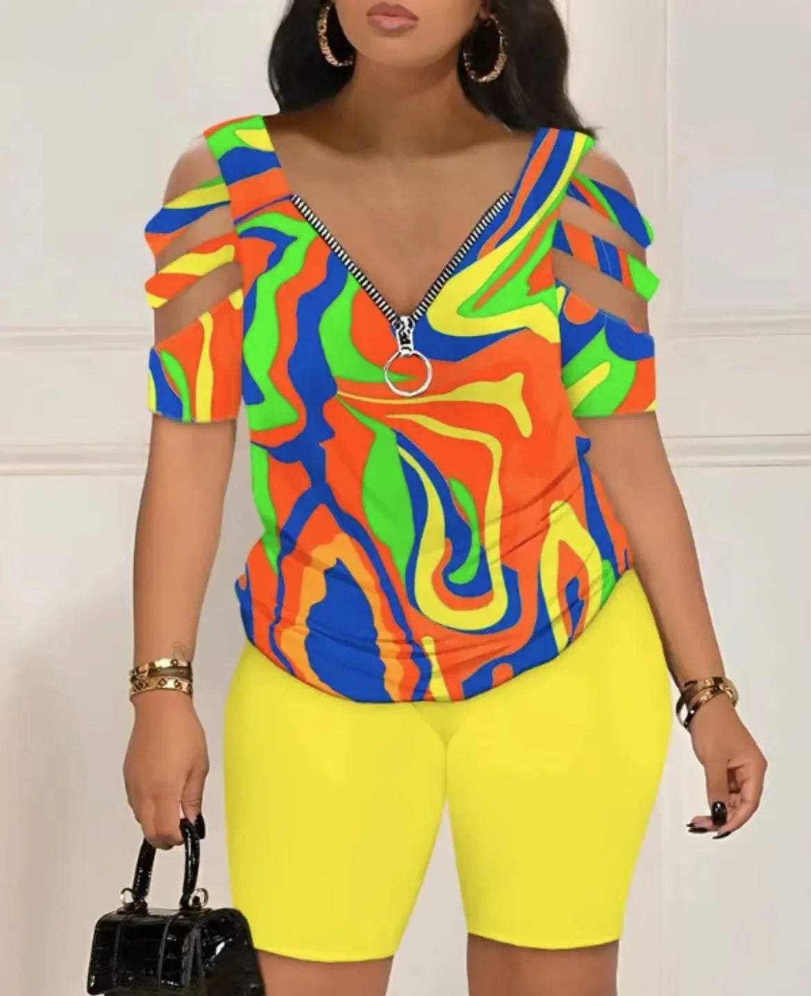 Summer Casual Loose Print T Shirts Two Piece Set For Women