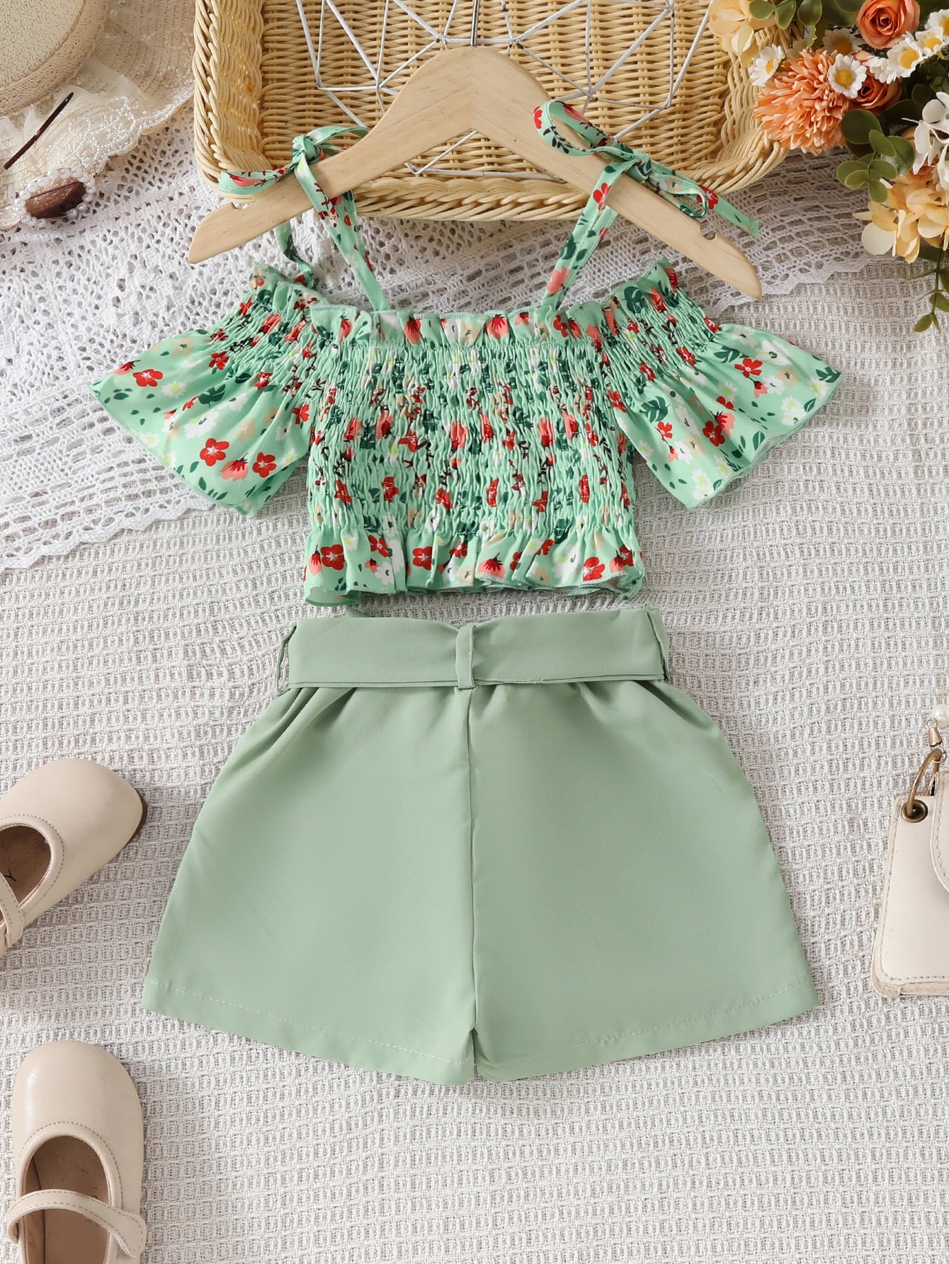 Baby Girl Spring and Summer Casual Floral Print Tank Top and Shorts 2-Piece Set