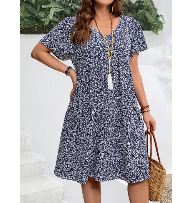 Fashion Print Loose Dress Lady Casual V Neck Pullover Ruffles Short Sleeve Dresses For Women Summer Boho Beach Holiday Skirt New