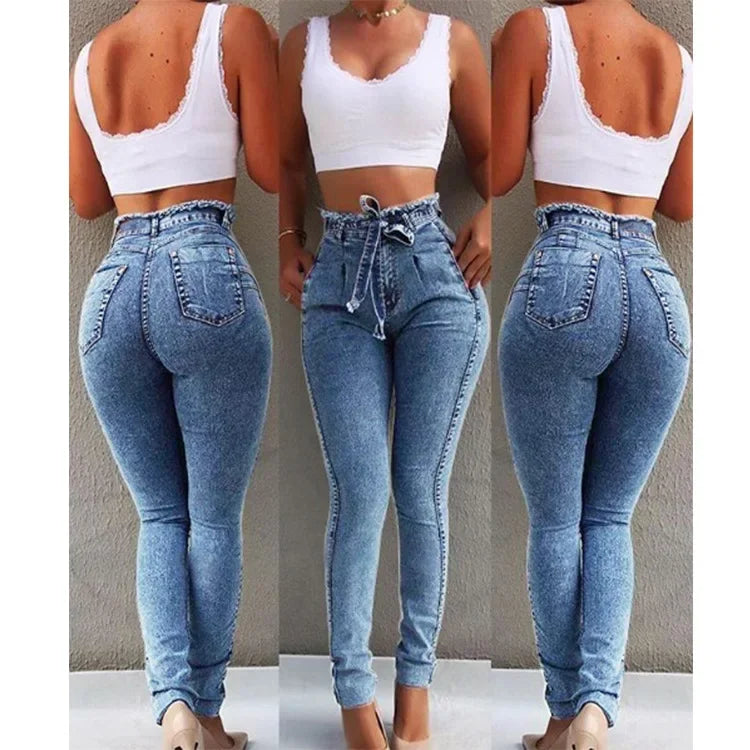 Jeans Slim Stretch Tassel Belt High Waist