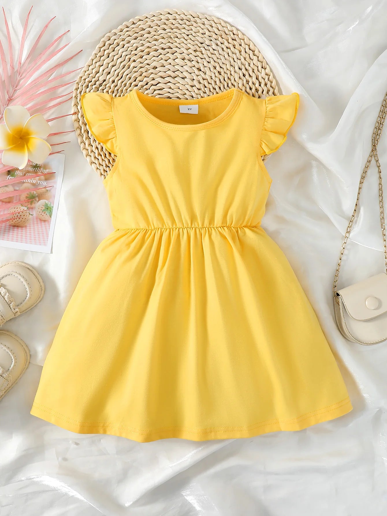 2PCS/Bundle Dress Yellow Sleeved Yellow Sleeveless Floral Dress Rural Style Dress Summer Daily Wear for Child Girl 1-6 Years