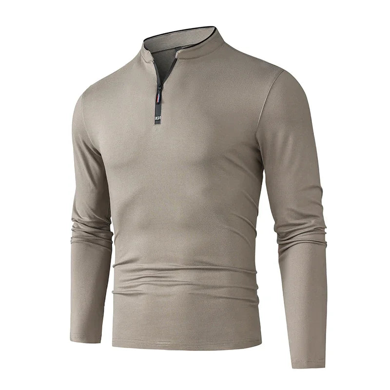 2025 New Men's Casual Fashion Zipper Solid Color Long Sleeved Polo Shirt Stand Up Collar Versatile Comfortable Top