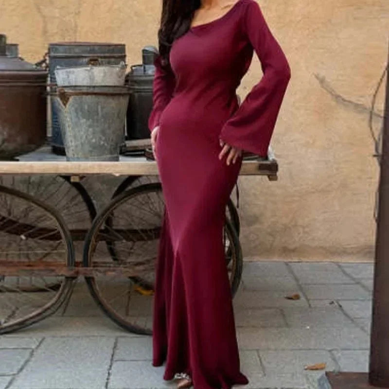 Autumn Winter Women's Long Sleeve round Neck Dress Belted Waist Ankle Length Pure Color Lazy Style National Trend Dress