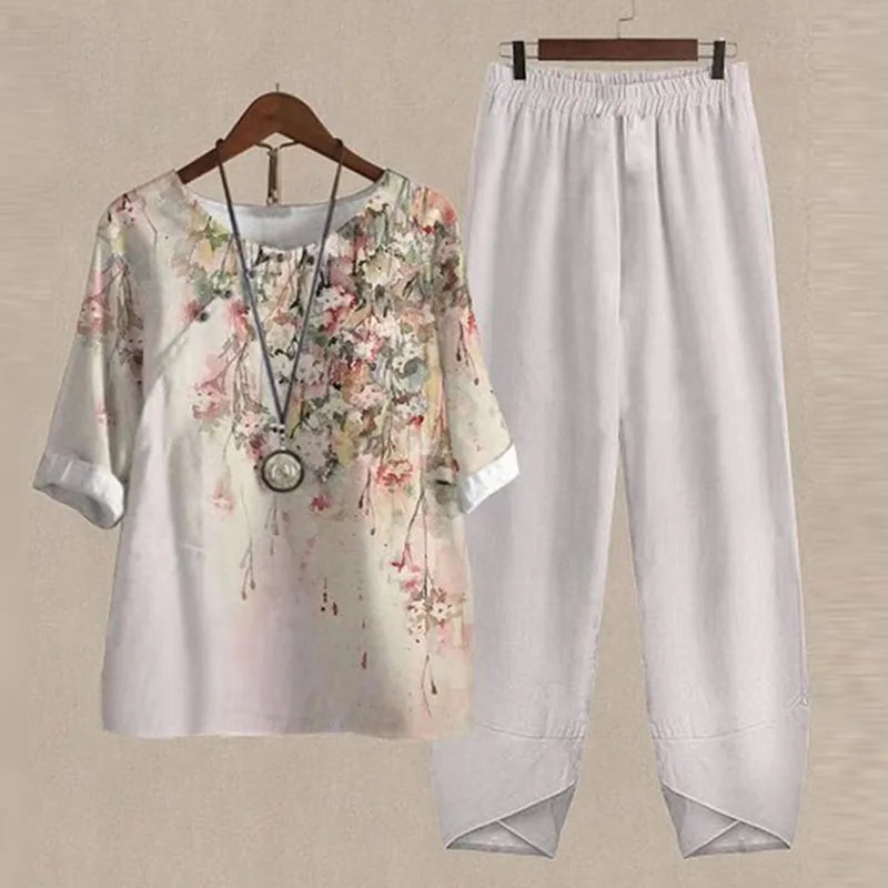 Summer 2 Piece Set Women Loose Short Sleeve Shirt Top High Waist Pants Flower Print Outfits Ladies Elegant Vintage Suit Fall
