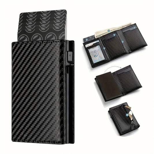 Men's Wallet with Zipper Coin Purse Automatic Pop-up Metal Credit Card Holder Minimalist RFID Blocking Business Card Wallet Idea