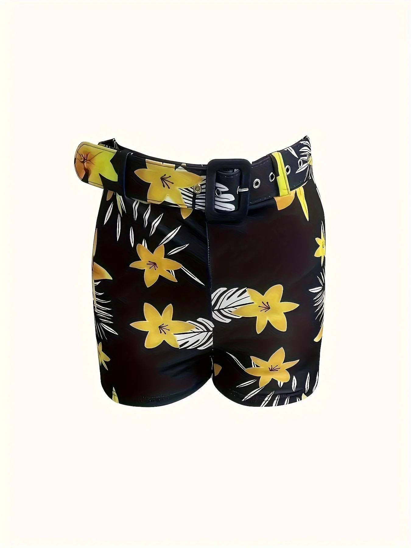 Women's Clothing V-neck Camisole and Plant Print Shorts Set with Belt