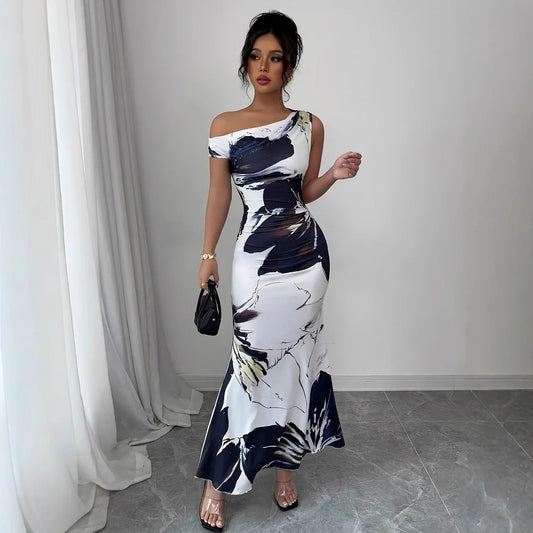 Sexy Bodycon Maxi Dresses For Women 2025 Autumn Winter Fashion Flower Print Slim Sleeveless Off The Shoulder Long Dress Elegant