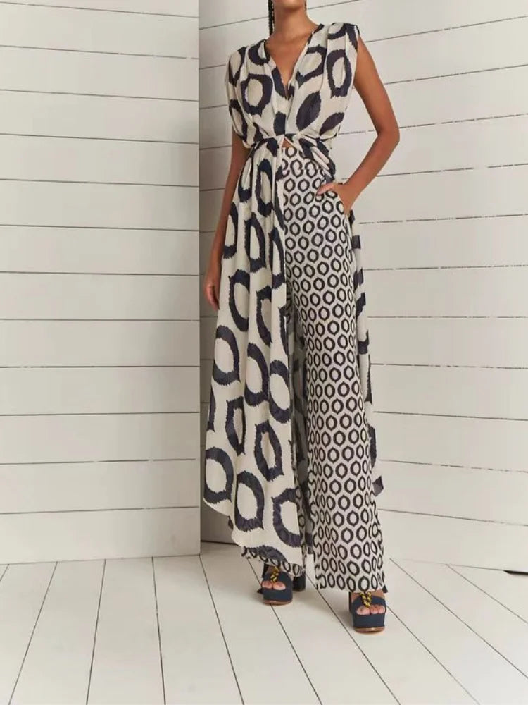 Two-piece Suit Ladies Printed Sleeveless V-Neck Lace-Up Top + Slim-Fit Trousers Set Women's Elegant Party Clothes Outfit