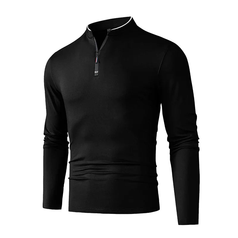 2025 New Men's Casual Fashion Zipper Solid Color Long Sleeved Polo Shirt Stand Up Collar Versatile Comfortable Top