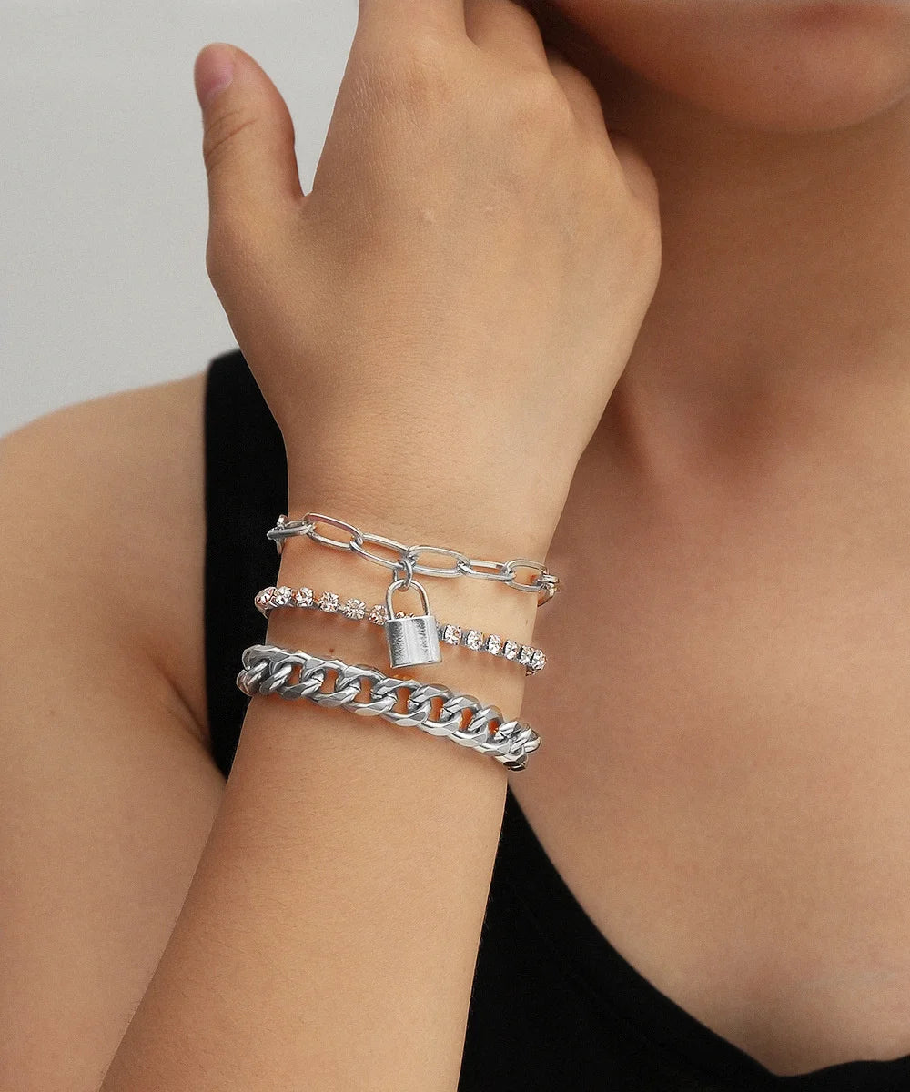 4pcs Punk Curb Cuban Chain Bracelets Set for Women Simple Thick Gold Color Charm Bracelets Fashion Jewelry Accessories New