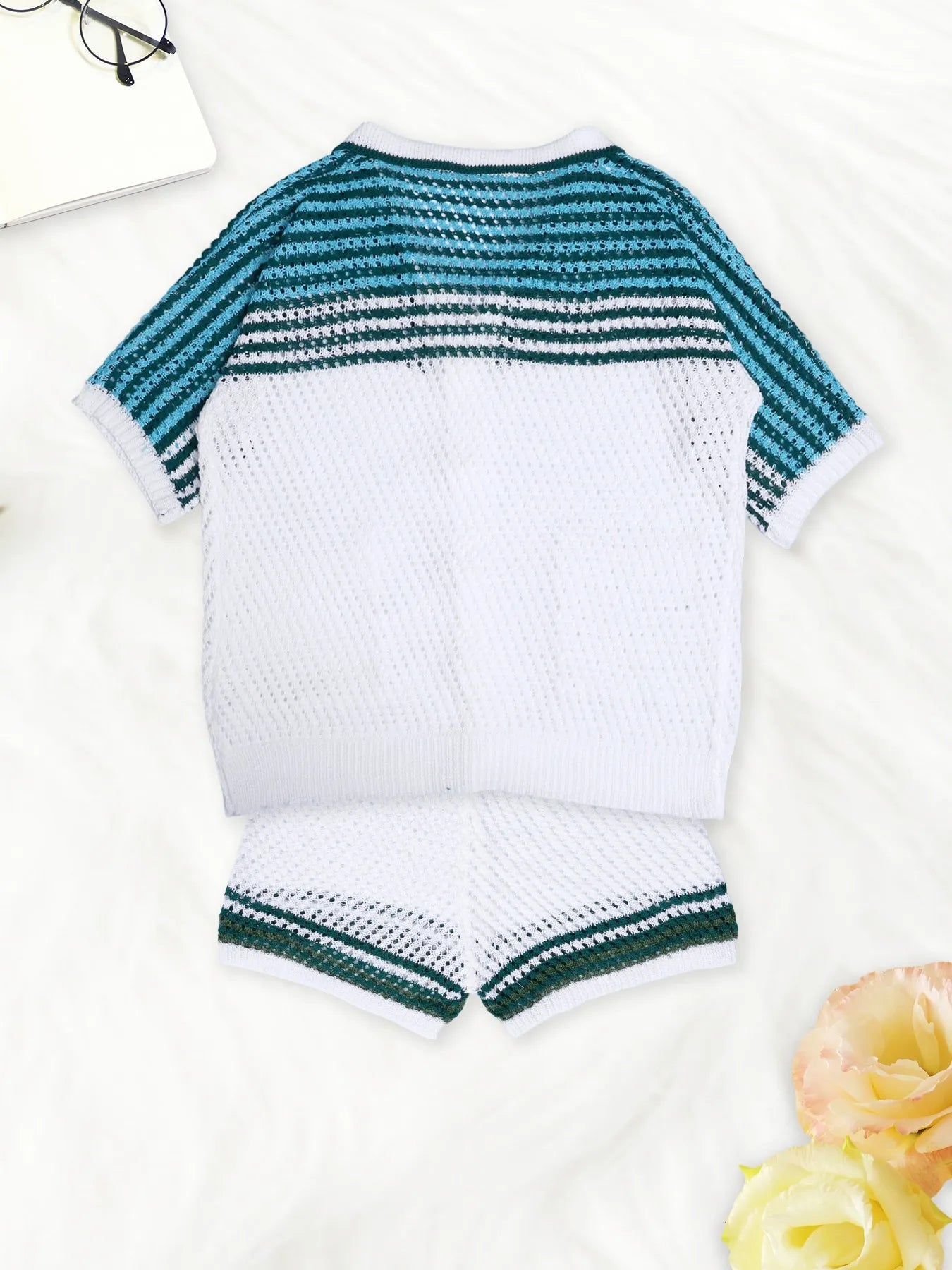 Women's White Green Striped Hollow Knit Two-Piece Set Button-Down Shirt & Shorts Outfit