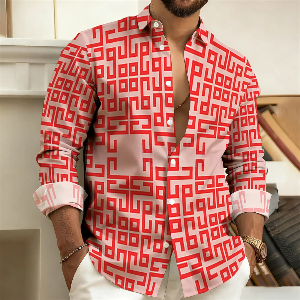 2026 New Men's Long-Sleeved Polo Shirt, Vintage Print Style with Greek Key Pattern, Elegant, Comfortable, and Stylish Men's Top