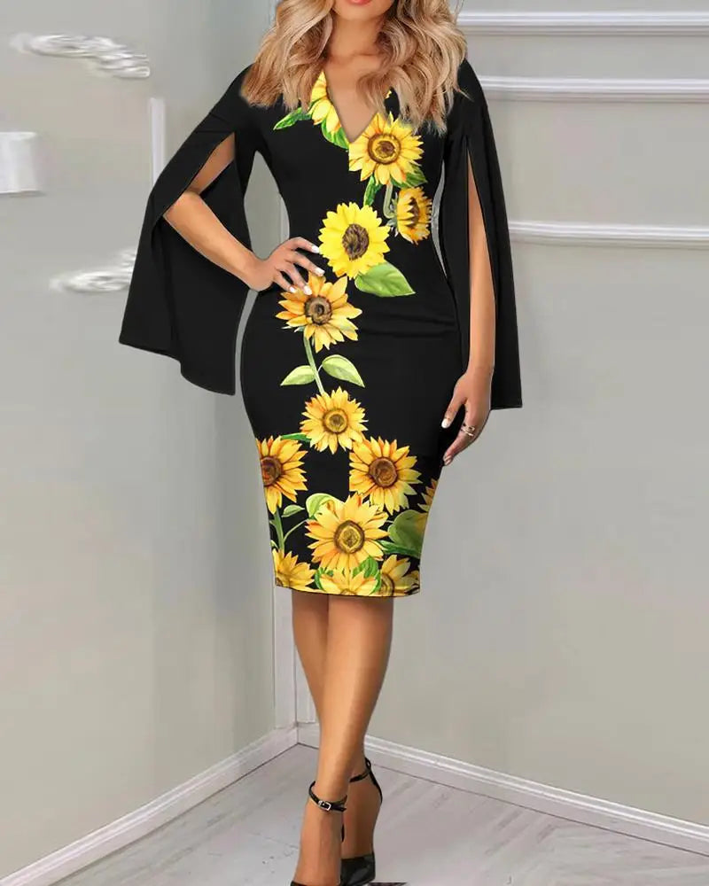 Plus Size Women Dress Bat-wing Sleeve Deep V Neck Sunflower Print Slim-fitting Elegant Printed Pencil Dress