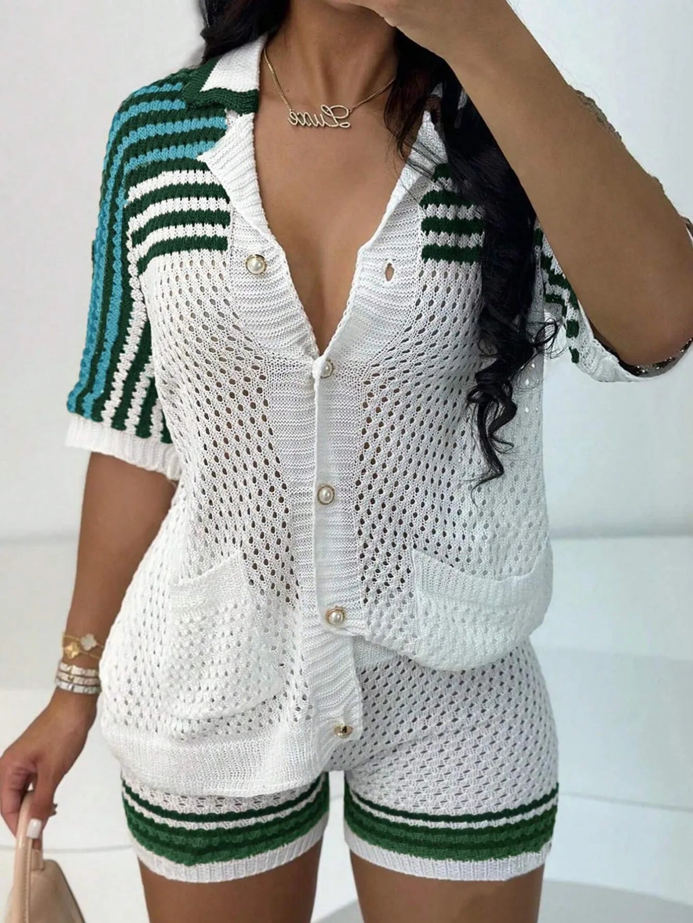 Women's White Green Striped Hollow Knit Two-Piece Set Button-Down Shirt & Shorts Outfit