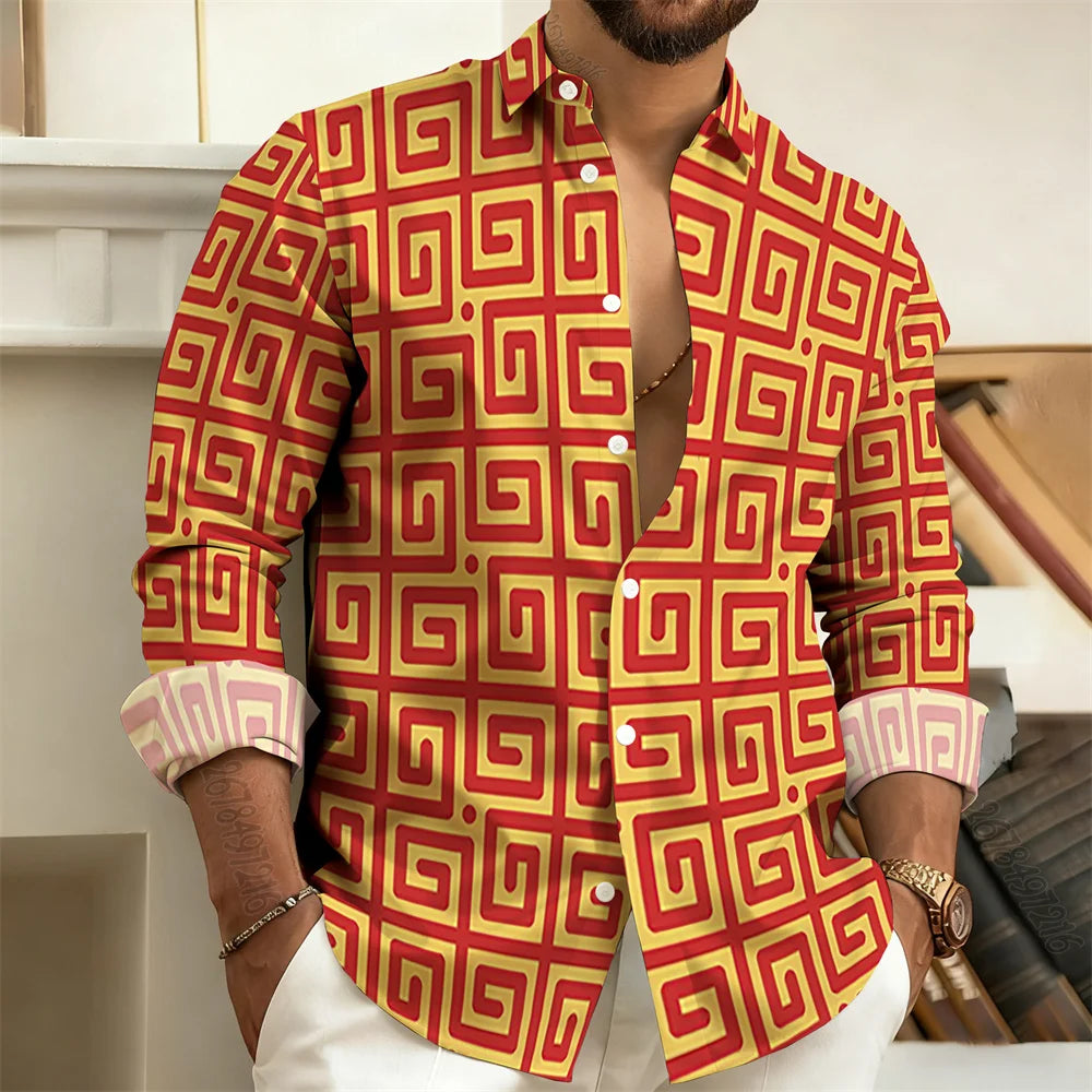 2026 New Men's Long-Sleeved Polo Shirt, Vintage Print Style with Greek Key Pattern, Elegant, Comfortable, and Stylish Men's Top