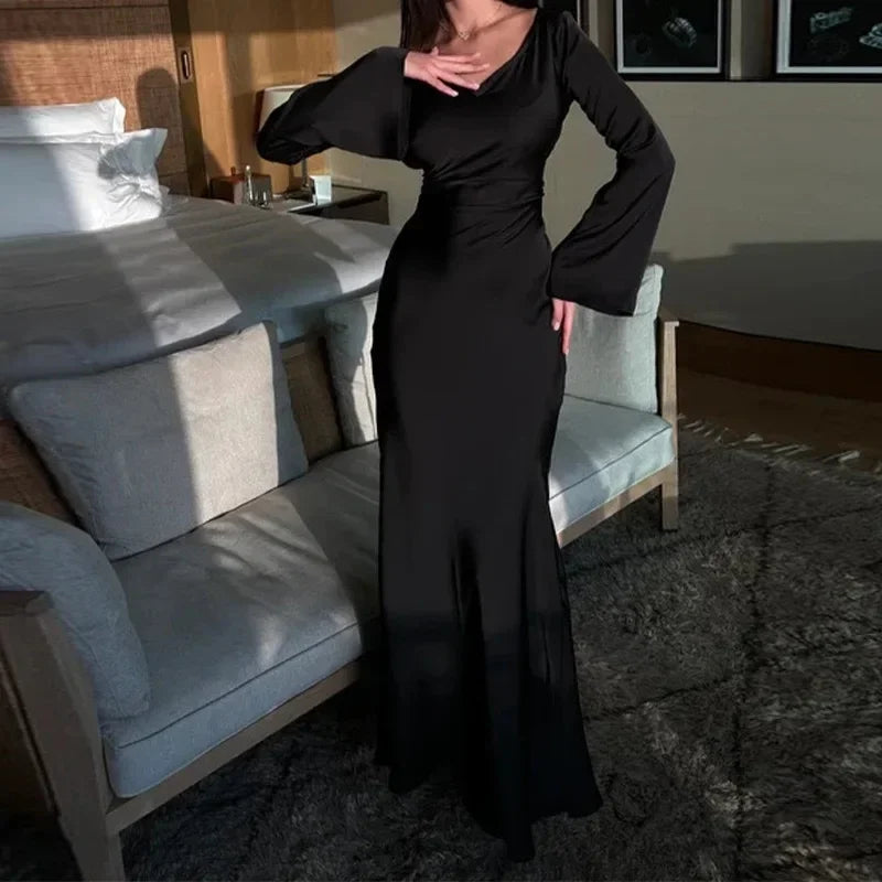 Autumn Winter Women's Long Sleeve round Neck Dress Belted Waist Ankle Length Pure Color Lazy Style National Trend Dress