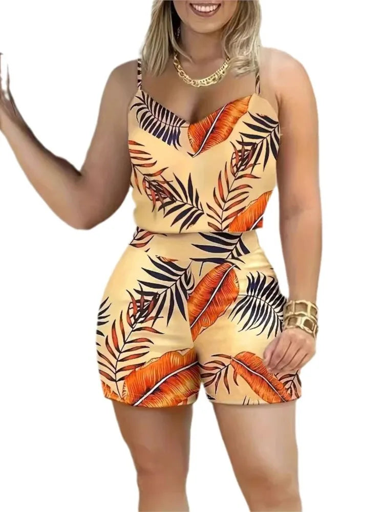 Print Sleeveless Camis Tanks Top And High Waist Shorts Suit Casual Outfits Female
