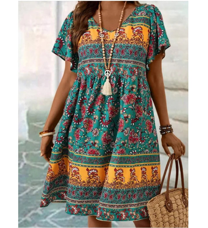 Fashion Print Loose Dress Lady Casual V Neck Pullover Ruffles Short Sleeve Dresses For Women Summer Boho Beach Holiday Skirt New